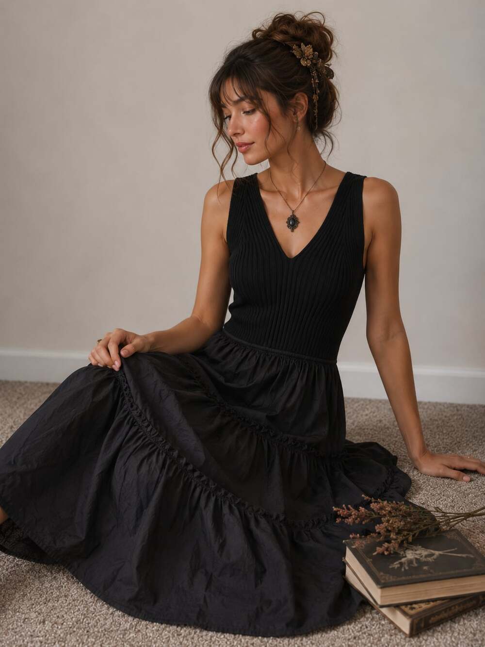 Evereve Tiered Maxi Dress Black Sleeveless Pockets Chic Cottagecore L